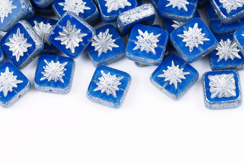 Squared Kiwi 10×10mm Opal Blue Silver Finish 1-Hole Czech Beads