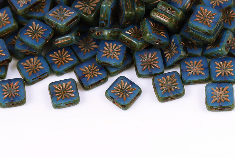 Squared Kiwi 10×10mm Opaque Blue Travertin With Brown 1-Hole Czech Beads