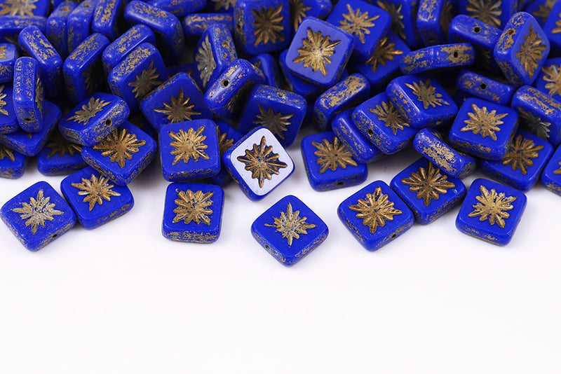 Squared Kiwi 10×10mm Opaque Blue Gold Finish 1-Hole Czech Beads