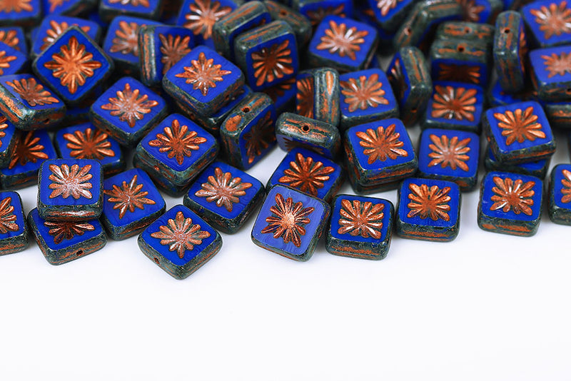 Squared Kiwi 10×10mm Opaque Blue Travertin With Copper 1-Hole Czech Beads