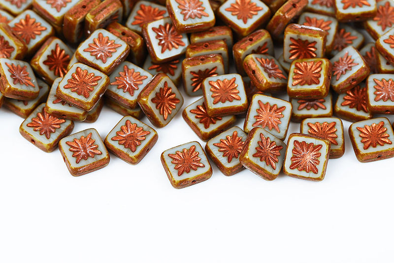 Squared Kiwi 10×10mm Gray Travertin With Copper 1-Hole Czech Beads