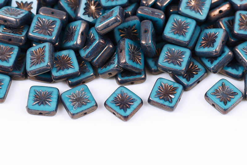 Squared Kiwi 10×10mm Turquoise Blue Violet Luster 1-Hole Czech Beads