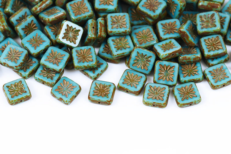 Squared Kiwi 10×10mm Turquoise Green Travertin With Gold 1-Hole Czech Beads