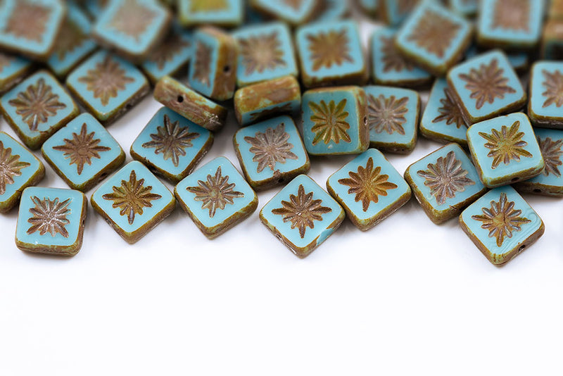 Squared Kiwi 10×10mm Turquoise Blue Travertin 1-Hole Czech Beads