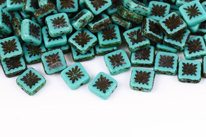 Squared Kiwi 10×10mm Turquoise Green With Rust 1-Hole Czech Beads