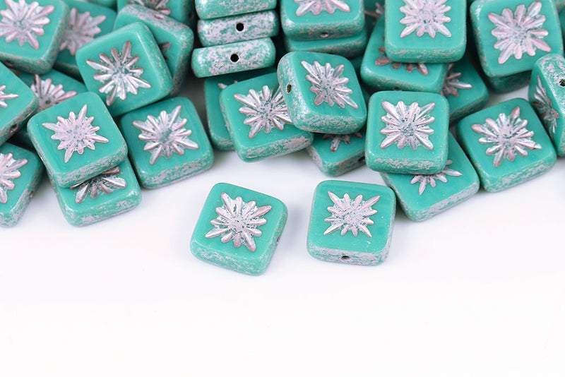 Squared Kiwi 10×10mm Turquoise Green With Pink 1-Hole Czech Beads