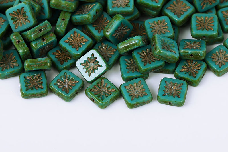 Squared Kiwi 10×10mm Turquoise Green Travertin 1-Hole Czech Beads
