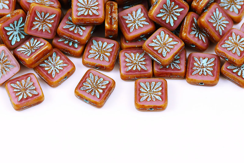 Squared Kiwi 10×10mm Silk Pink Travertin With Blue 1-Hole Czech Beads