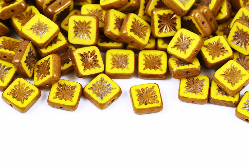 Squared Kiwi 10×10mm Lemon Violet Luster 1-Hole Czech Beads