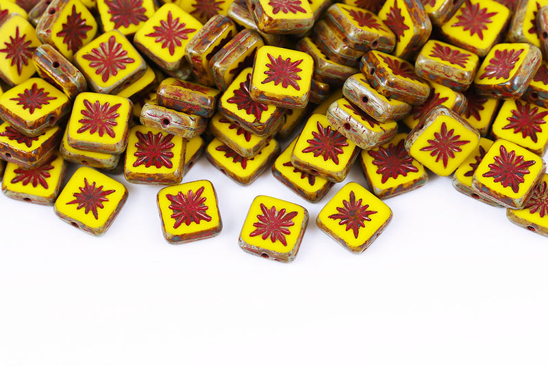 Squared Kiwi 10×10mm Lemon Travertin With Red 1-Hole Czech Beads