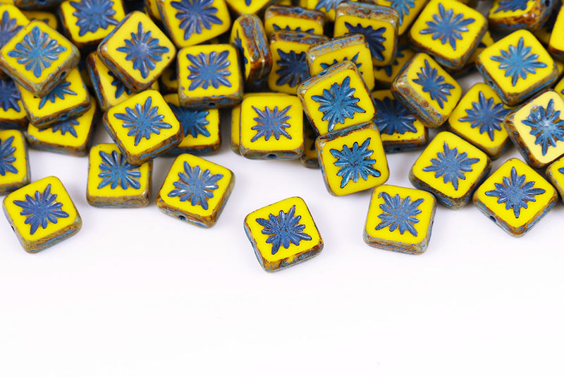 Squared Kiwi 10×10mm Lemon Travertin With Blue 1-Hole Czech Beads