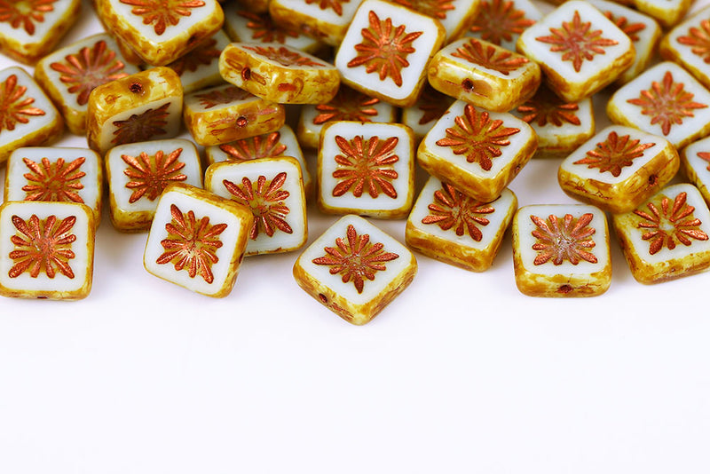 Squared Kiwi 10×10mm Off White Travertin With Copper 1-Hole Czech Beads