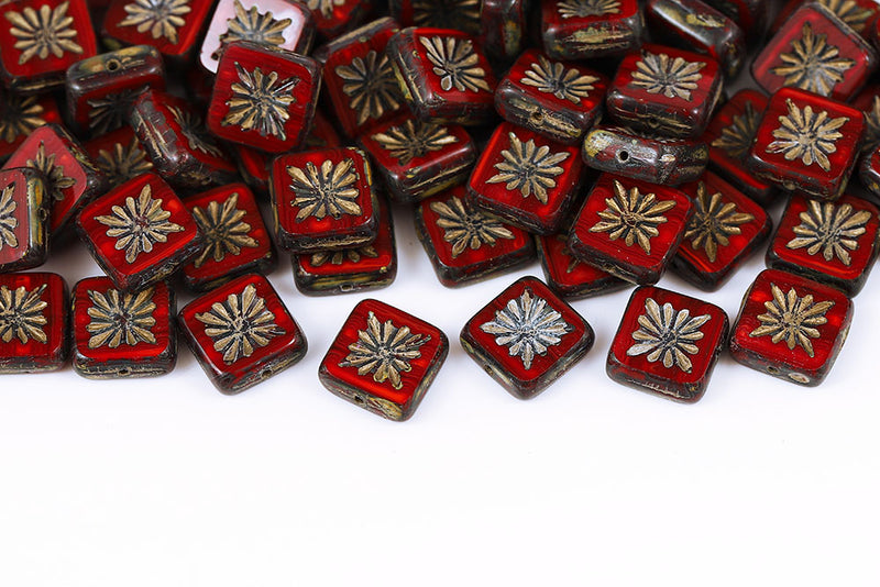 Squared Kiwi 10×10mm Opal Red Travertin With Gold 1-Hole Czech Beads