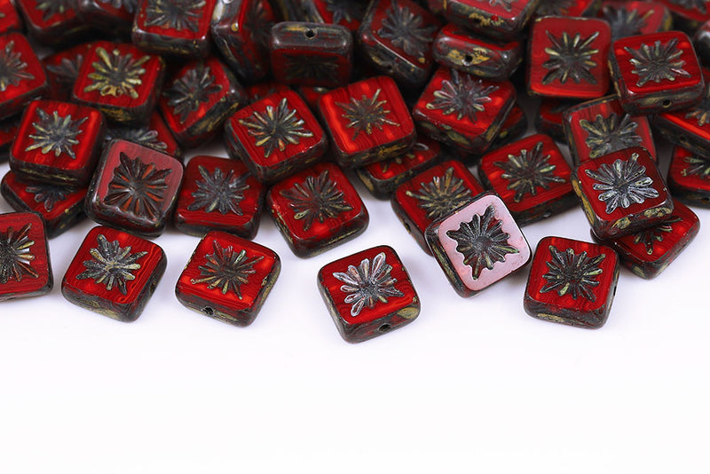 Squared Kiwi 10×10mm Opal Red Travertin 1-Hole Czech Beads