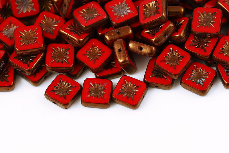 Squared Kiwi 10×10mm Opaque Coral Red Violet Luster 1-Hole Czech Beads