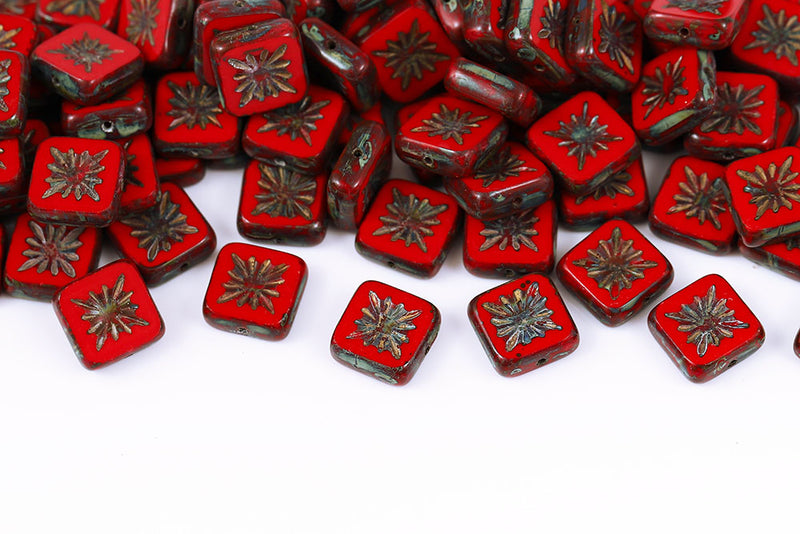 Squared Kiwi 10×10mm Opaque Coral Red Travertin 1-Hole Czech Beads