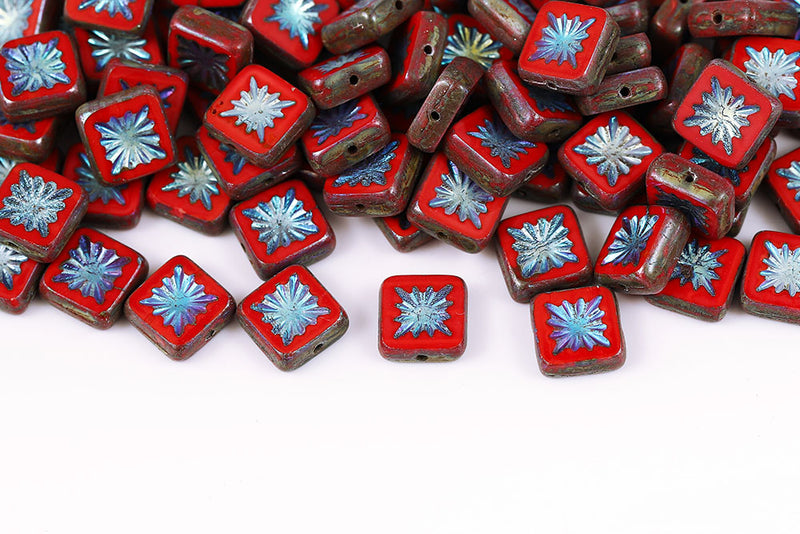 Squared Kiwi 10×10mm Opaque Coral Red Travertin AB 1-Hole Czech Beads