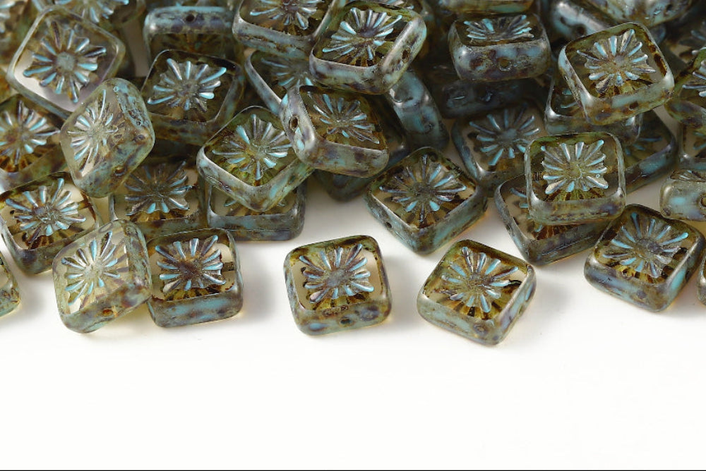 Squared Kiwi 10×10mm Crystal Travertin Blue 1-Hole Czech Beads