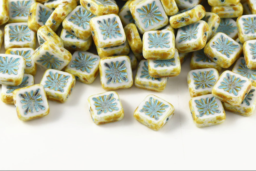 Squared Kiwi 10×10mm Chalk Travertin With Blue 1-Hole Czech Beads