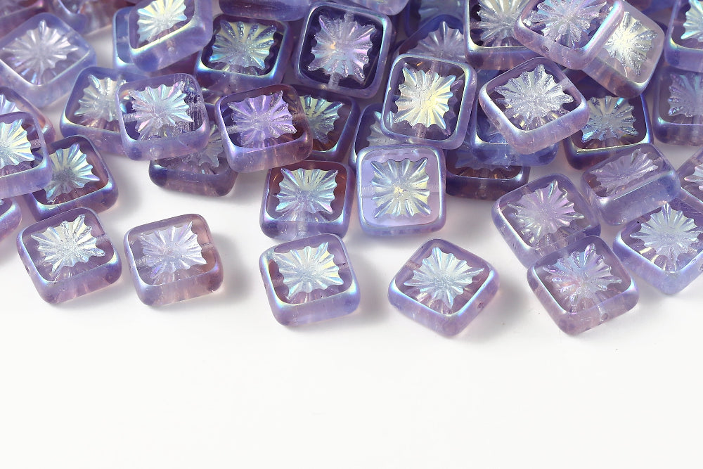 Squared Kiwi 10×10mm Lt.Amethyst Lt.Sapphire Mixed AB Full 1-Hole Czech Beads