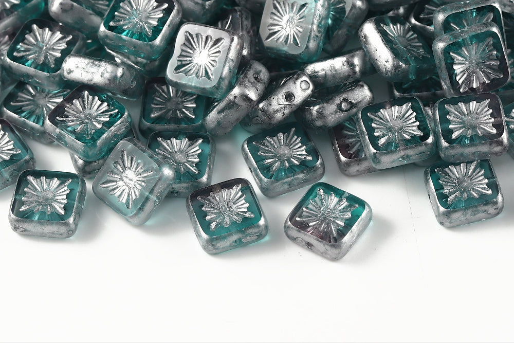 Squared Kiwi 10×10mm Lt.Amethyst Aquamarine Mixed Silver Speckle 1-Hole Czech Beads