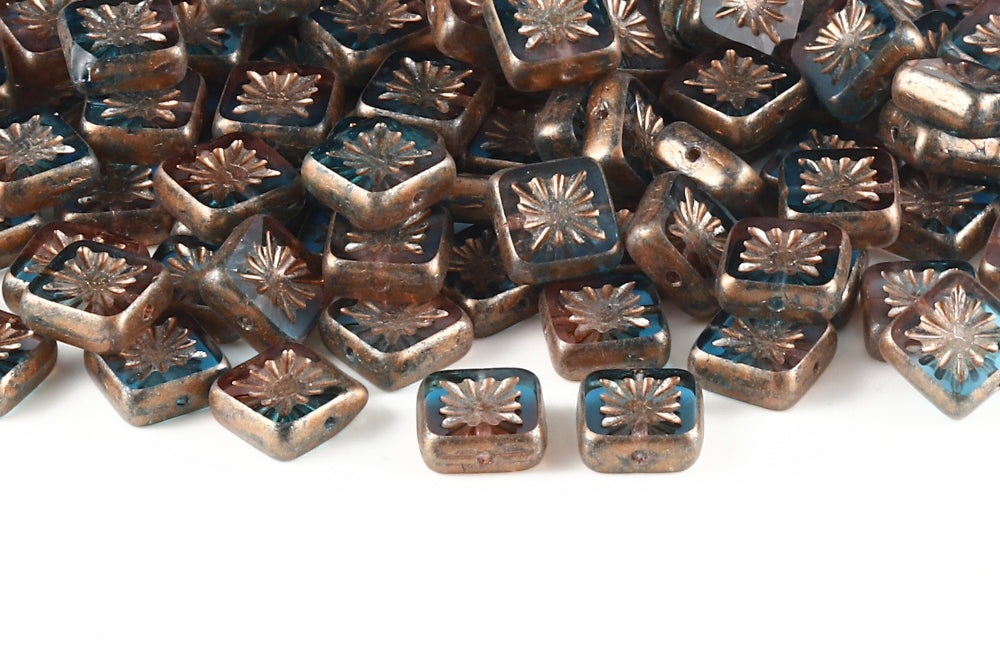 Squared Kiwi 10×10mm Lt.Amethyst Aquamarine Mixed Copper Speckle 1-Hole Czech Beads