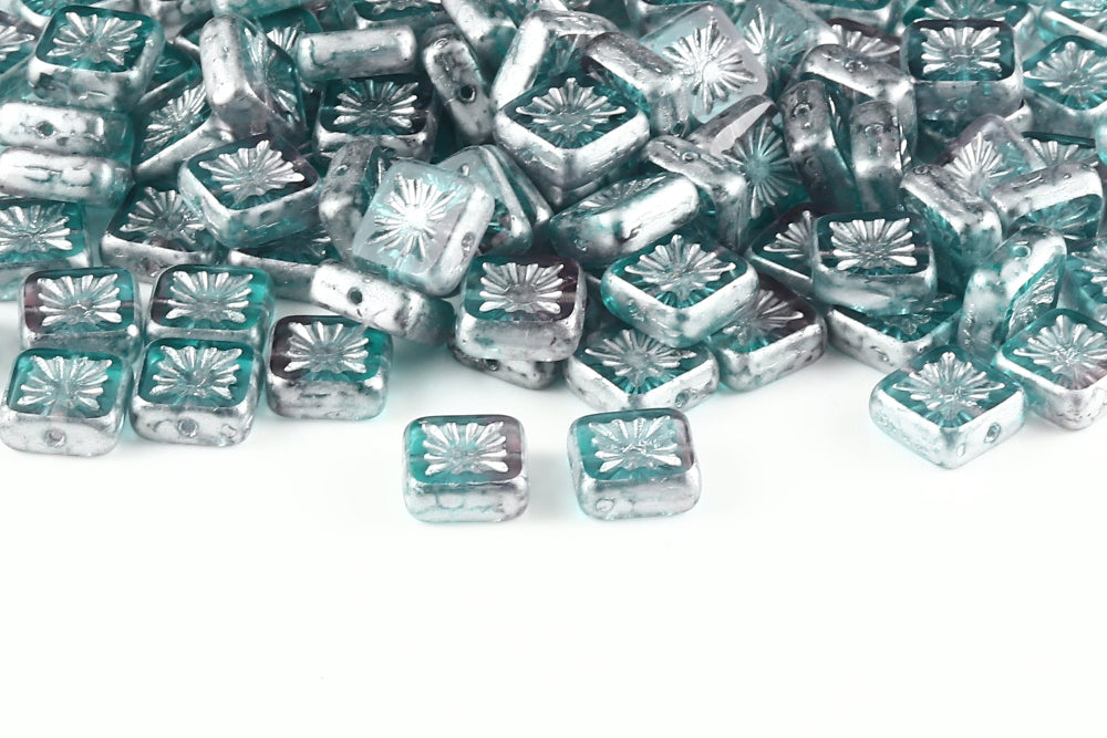 Squared Kiwi 10×10mm Lt.Amethyst Blue Zircon Mixed Silver Speckle 1-Hole Czech Beads