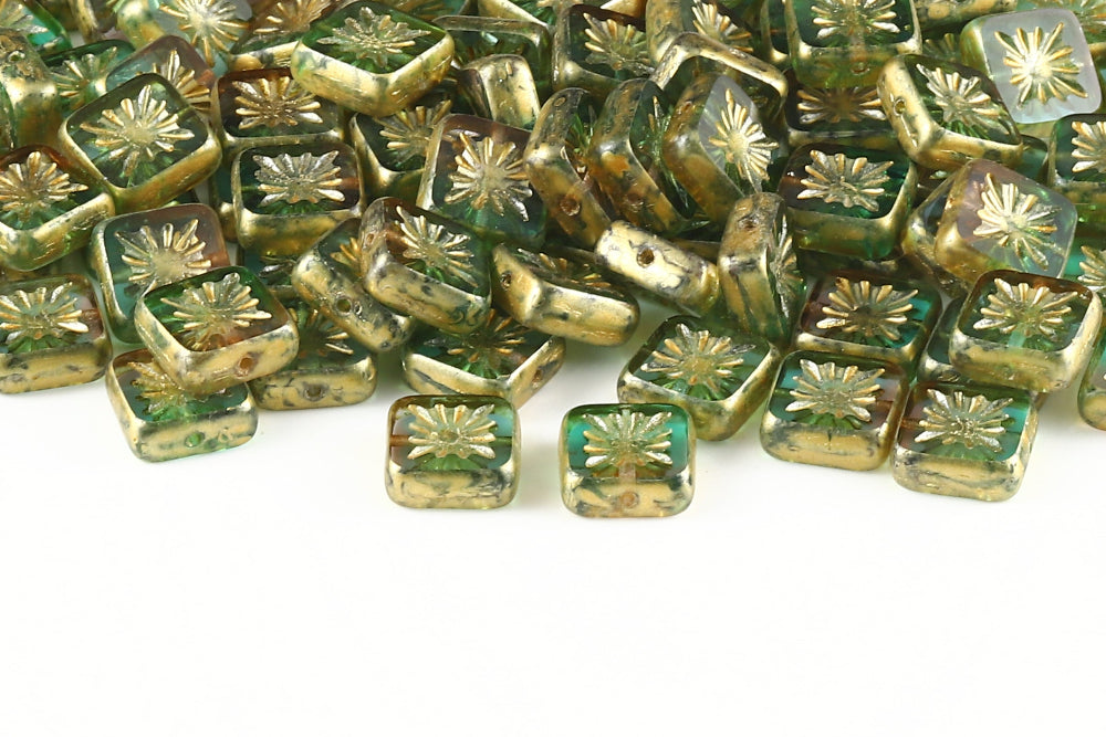 Squared Kiwi 10×10mm Lt.Amethyst Blue Zircon Mixed Gold Speckle 1-Hole Czech Beads