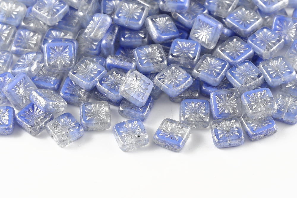Squared Kiwi 10×10mm Crystal Blue Mixed Silver 1-Hole Czech Beads