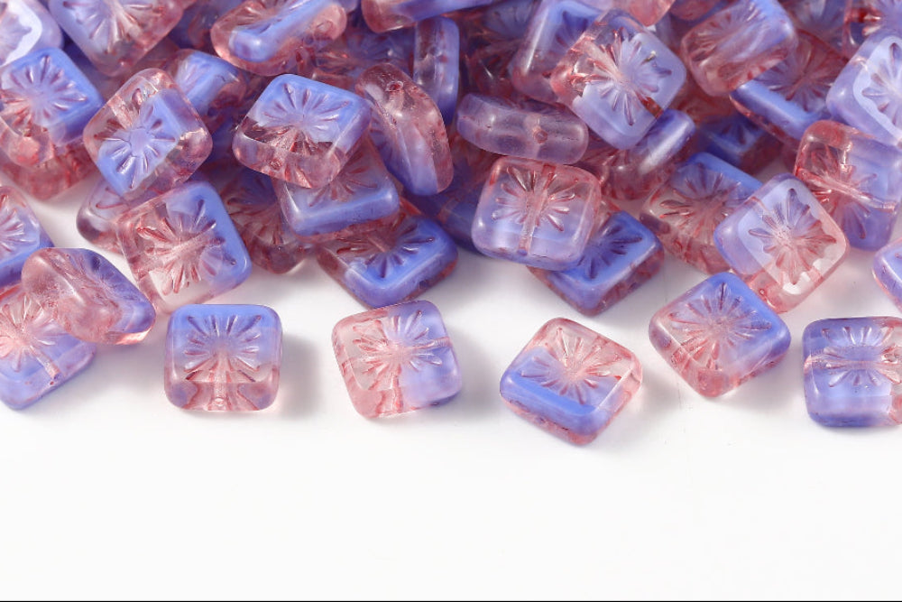 Squared Kiwi 10×10mm Crystal Sapphire Mixed Rose 1-Hole Czech Beads