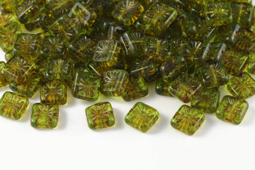 Squared Kiwi 10×10mm Peridot Travertin 1-Hole Czech Beads
