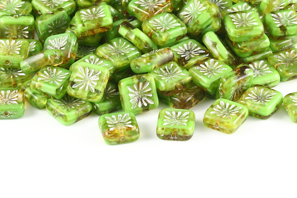 Squared Kiwi 10×10mm Crystal Peridot Mixed Travertin With White 1-Hole Czech Beads