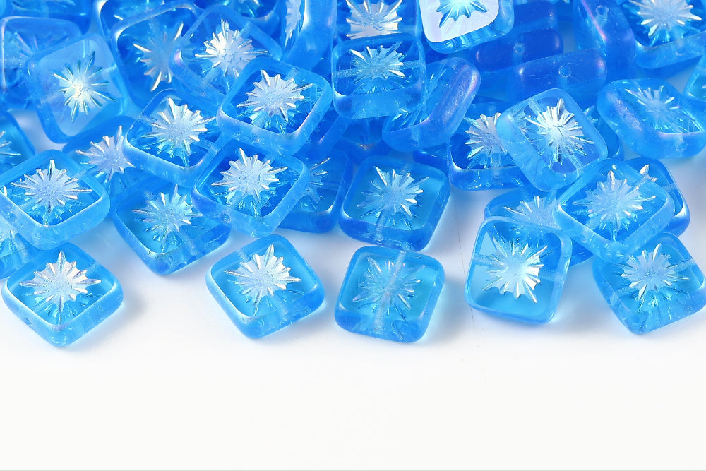 Squared Kiwi 10×10mm Aquamarine AB Full 1-Hole Czech Beads
