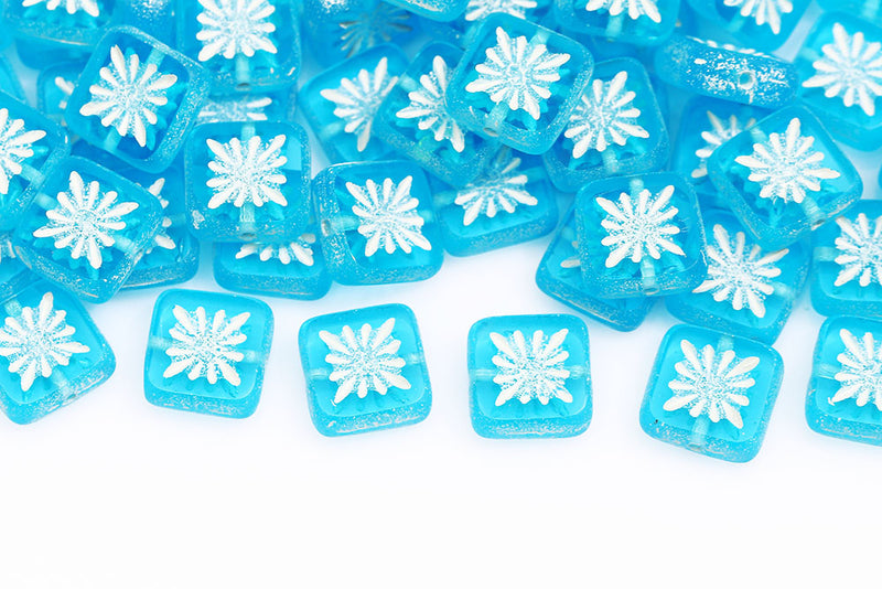 Squared Kiwi 10×10mm Aqua With White Matt 1-Hole Czech Beads