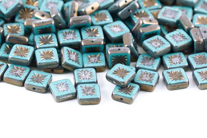 Squared Kiwi 10×10mm Turquoise Green Violet Luster 1-Hole Czech Beads