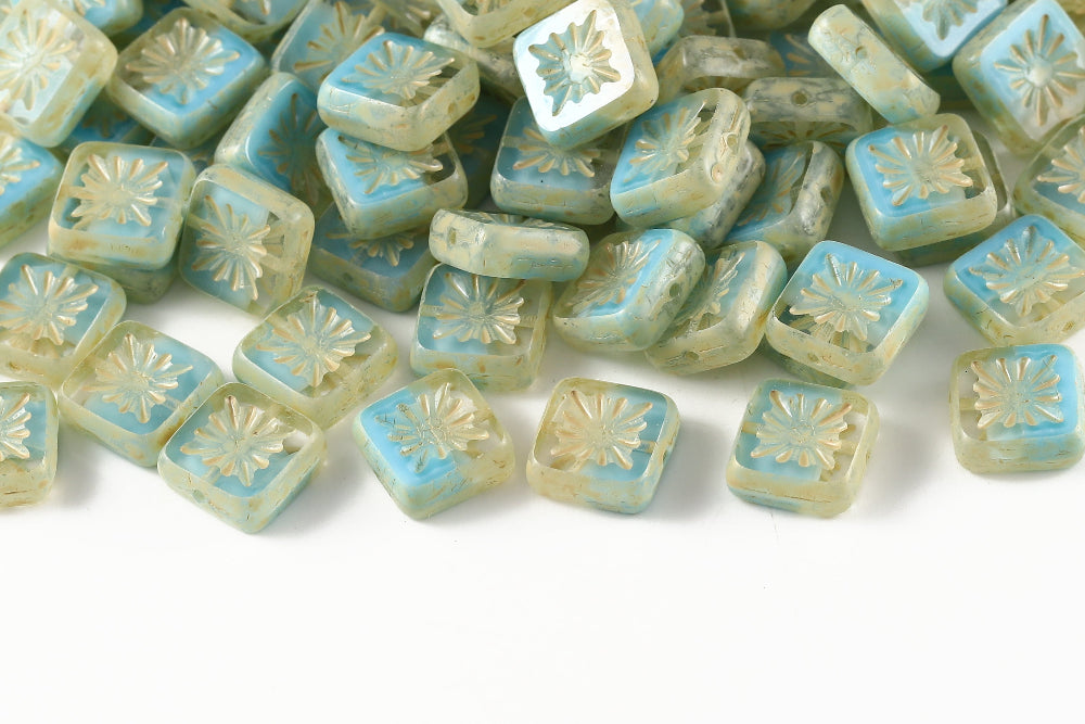 Squared Kiwi 10×10mm Crystal Aquamarine Mixed Jonquil 1-Hole Czech Beads