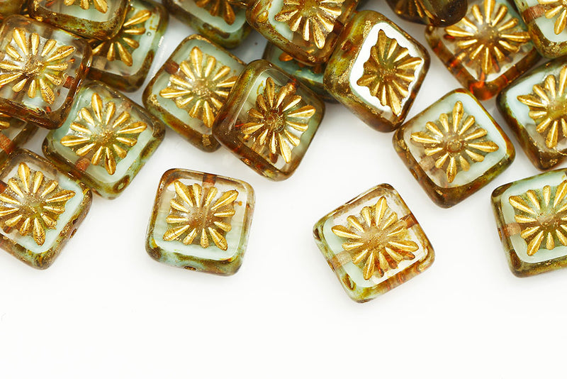 Squared Kiwi 10×10mm Crystal Aqua Mixed Travertin With Gold 1-Hole Czech Beads