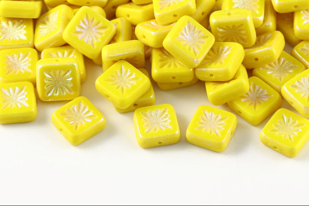 Squared Kiwi 10×10mm Lemon AB Full 1-Hole Czech Beads