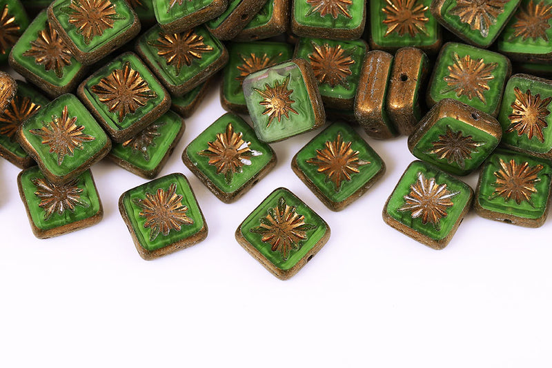 Squared Kiwi 10×10mm Silk Green Violet Luster 1-Hole Czech Beads