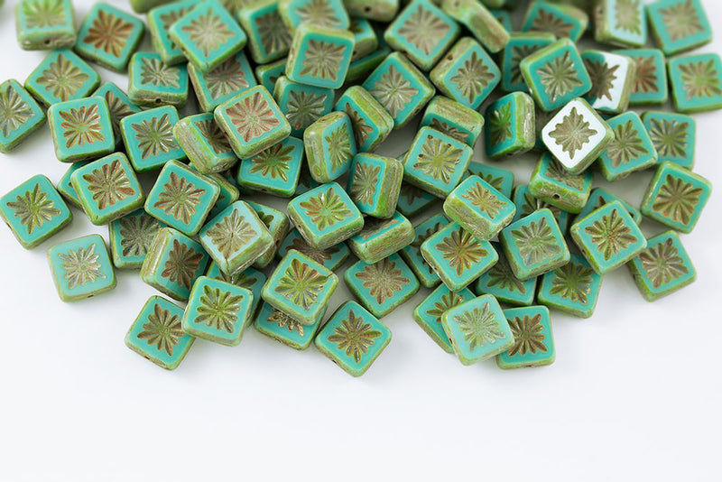 Squared Kiwi 10×10mm Turquoise Green Travertin 1-Hole Czech Beads