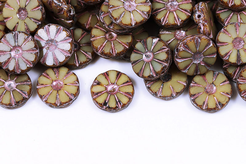 Sunflower 12mm Opal Ivory Travertin With Pink 1-Hole Czech Beads