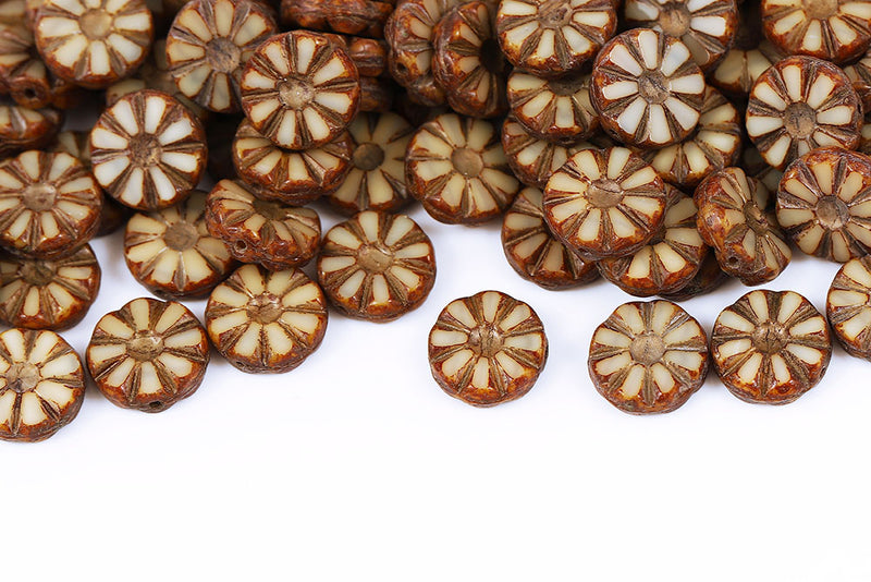 Sunflower 12mm Ivory Travertin With Gold 1-Hole Czech Beads