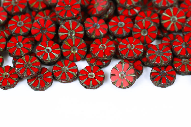 Sunflower 12mm Siam Travertin 1-Hole Czech Beads