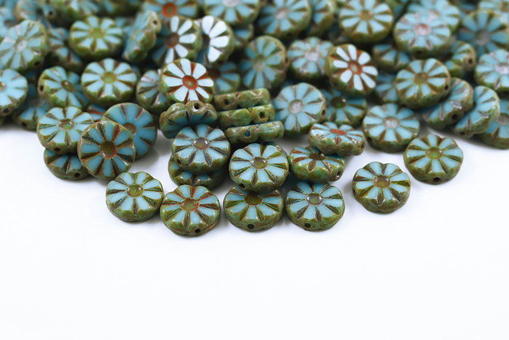 Sunflower 12mm Turquoise Blue Travertin 1-Hole Czech Beads