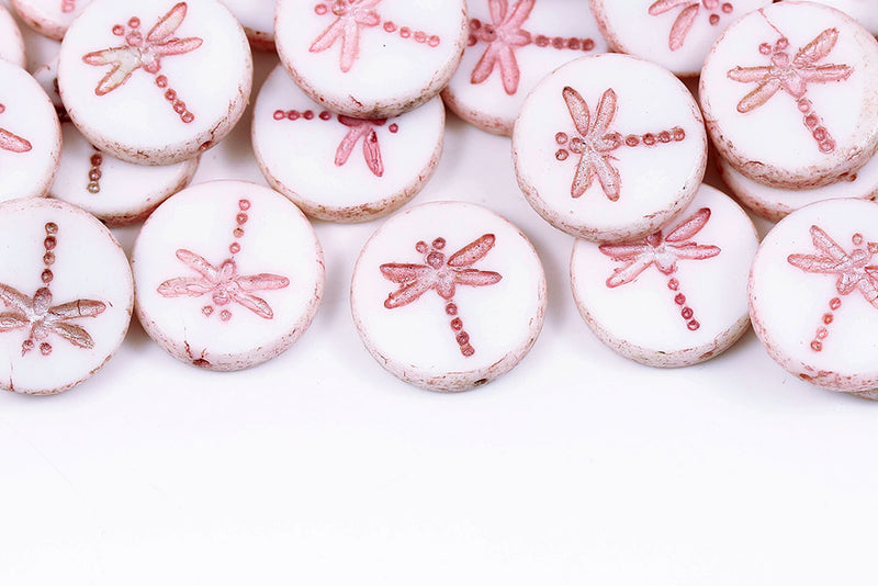 Dragonfly Coin 17mm Chalk Pink Finish 1-Hole Czech Beads
