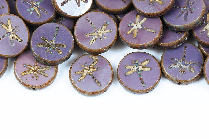 Dragonfly Coin 17mm Purple Travertin With Gold 1-Hole Czech Beads