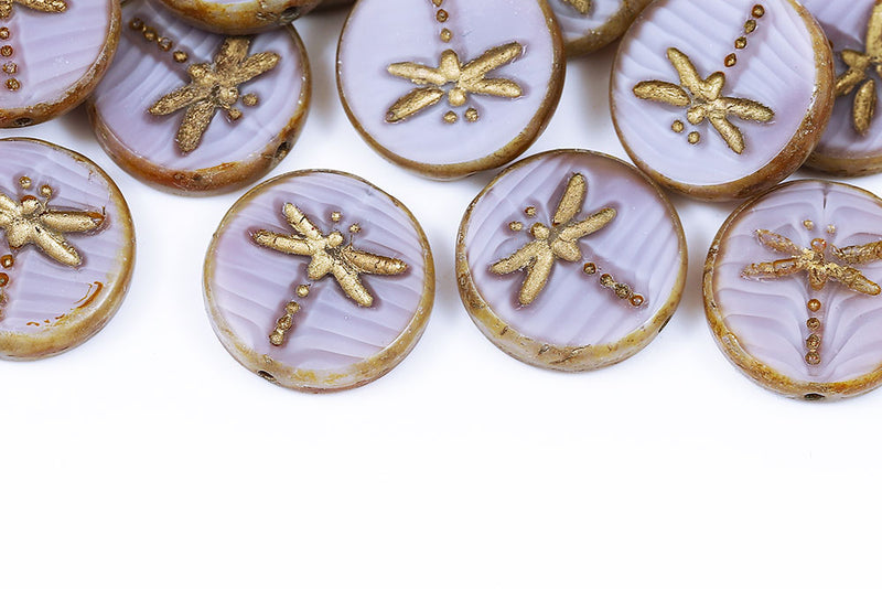 Dragonfly Coin 17mm Purple Ripples Travertin With Gold 1-Hole Czech Beads