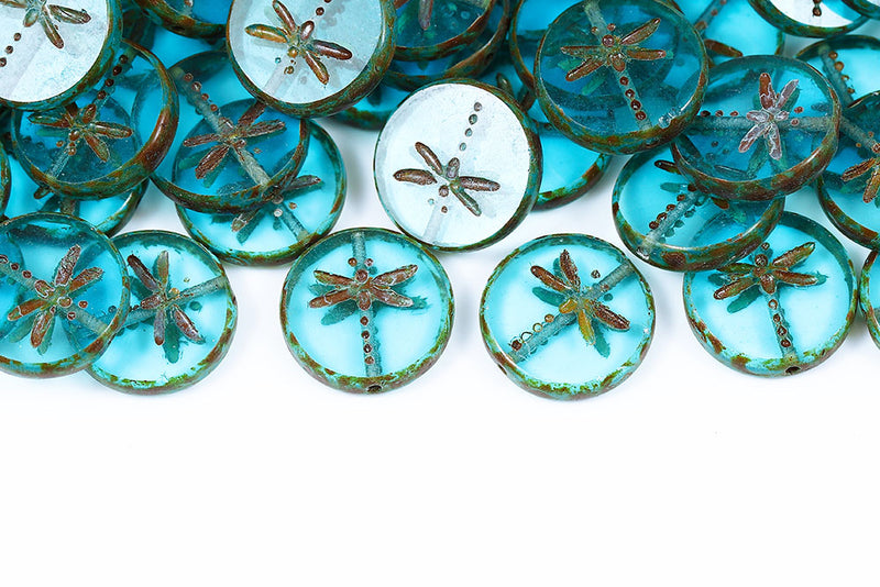 Dragonfly Coin 17mm Aqua Travertin 1-Hole Czech Beads