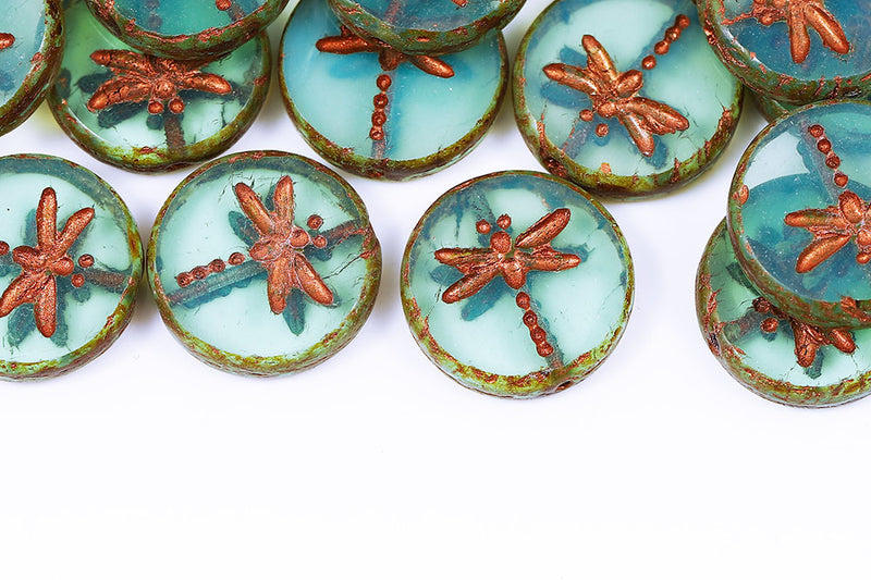 Dragonfly Coin 17mm Opal Aqua Travertin With Copper 1-Hole Czech Beads