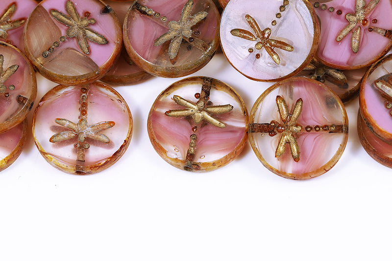 Dragonfly Coin 17mm Crystal Pink Mixed Travertin With Gold 1-Hole Czech Beads
